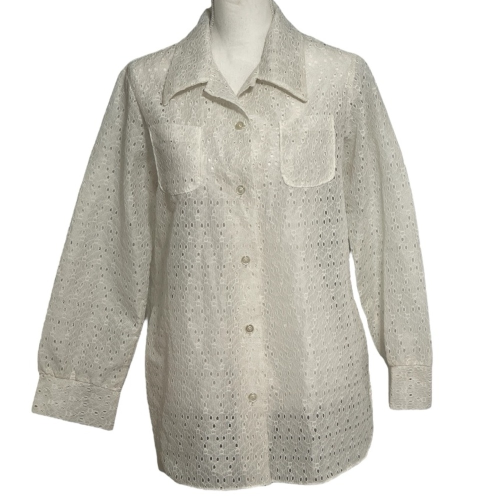 Vintage White Eyelet Lace Long Sleeve Button Down Top